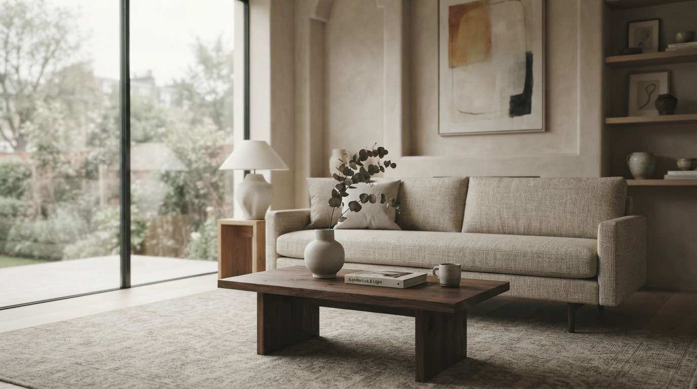 A minimalist living room showcasing quiet luxury home decor with subtle textures and neutral tones, exuding understated opulence.